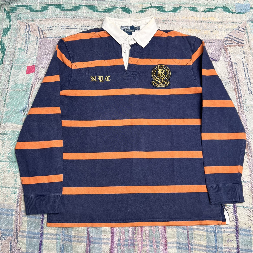 VTG Ralph Lauren Rugby Polo Shirt XL Blue Orange NYC Crest Kanye 3 RLPC 90s